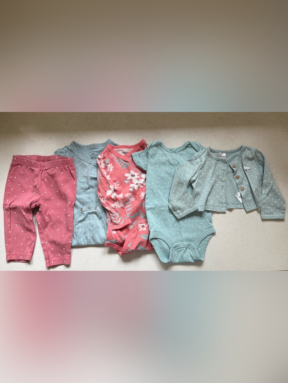 Carter's Girls Long-Sleeve Floral & Polka Dot One-Pieces - Coral & Teal 3-6 m